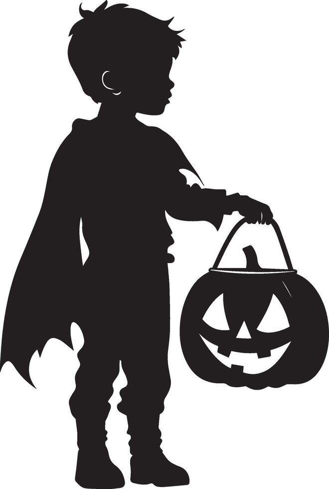 Little kid wearing Vampire costume holding jack o lantern silhouette black vector