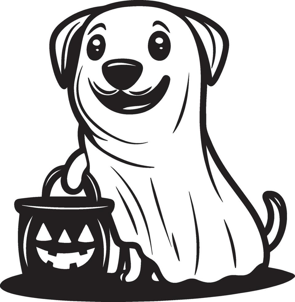 Cartoon Halloween Dog wearing ghost sheet holding jack o lantern bucket linear black vector