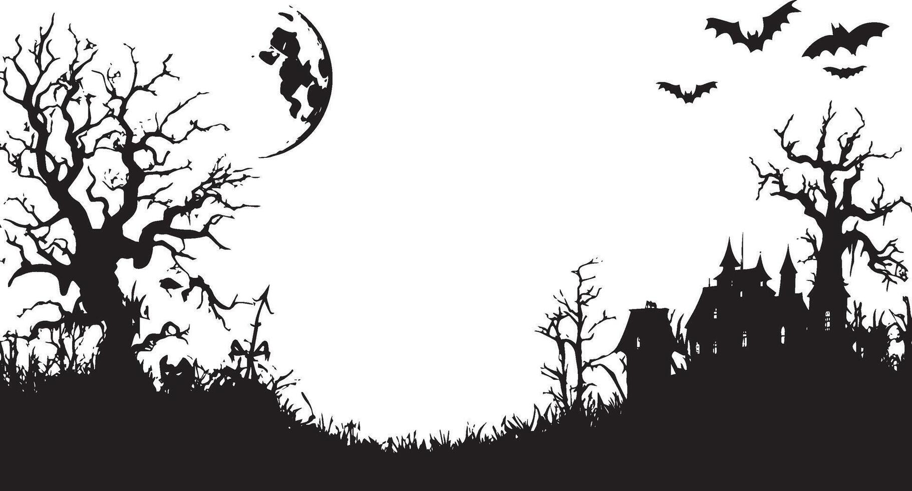 halloween decoration full moon, Dead tree, bat, jack o lantern, haunt house, scarecrow background simple silhouette black vector