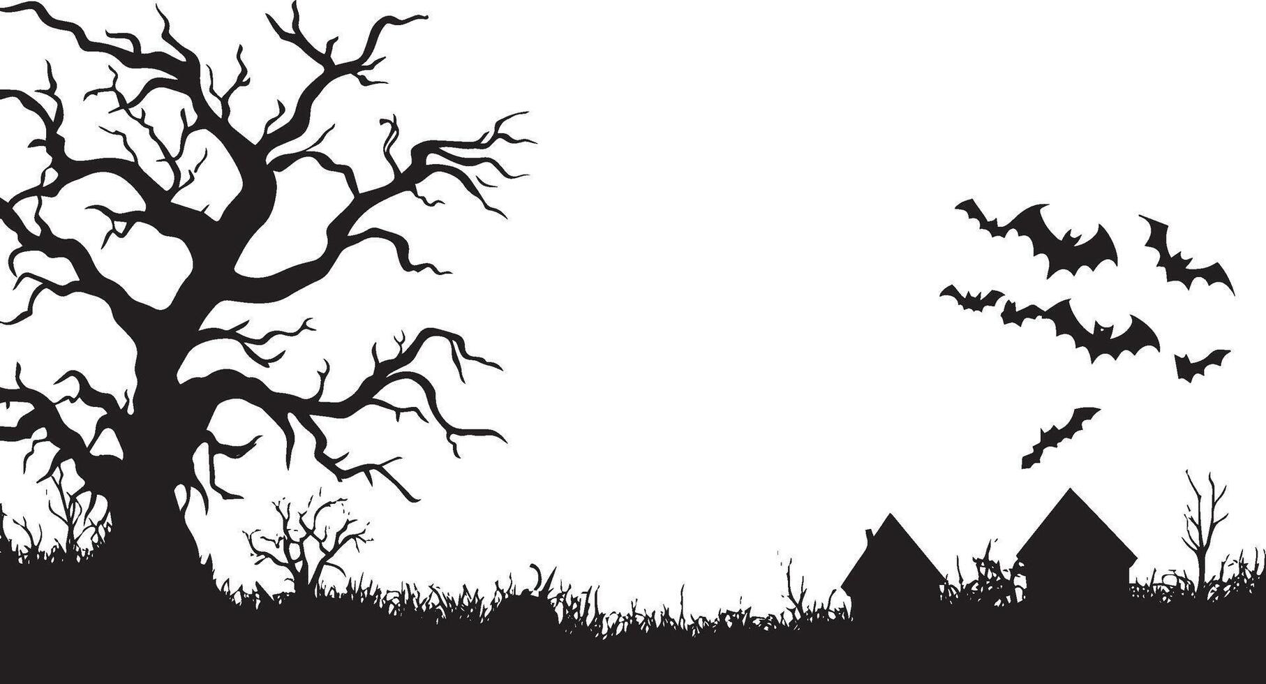 halloween decoration full moon, Dead tree, bat, jack o lantern, haunt house, scarecrow background simple ablack vector