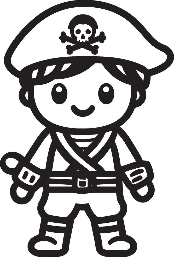 Little kid wearing Pirate costume linear black vector
