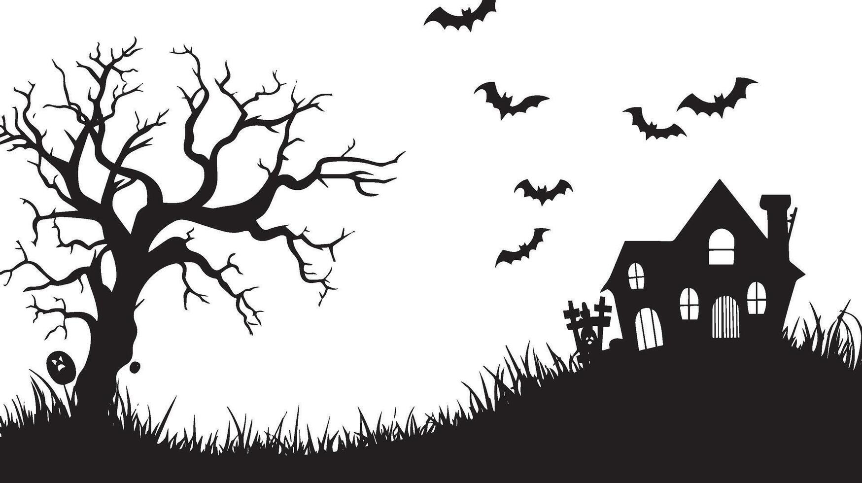 halloween decoration full moon, Dead tree, bat, jack o lantern, haunt house, scarecrow background simple ablack vector