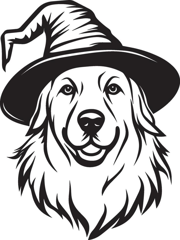 Dog wearing witch hat for halloween linear black vector