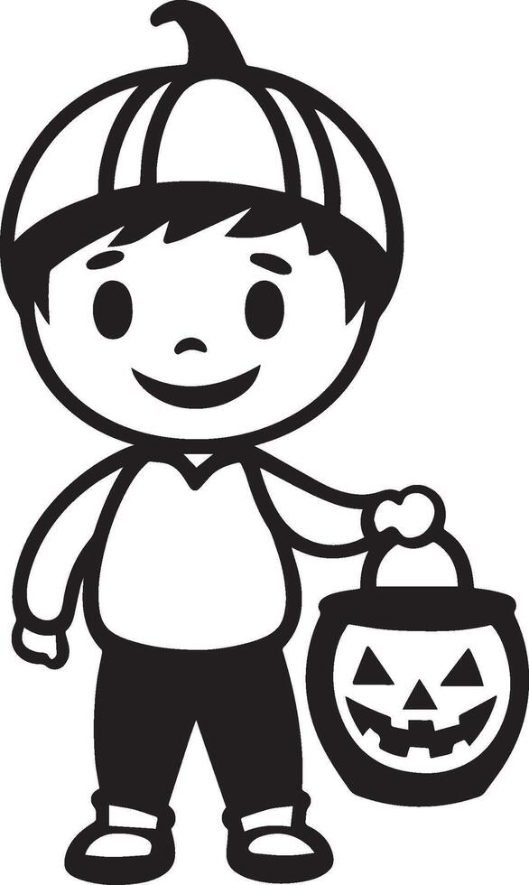 Little kid wearing Pumpkin costume holding jack o lantern bucket clean simple black vector