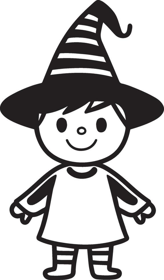 Little kid wearing witch costume linear black vector