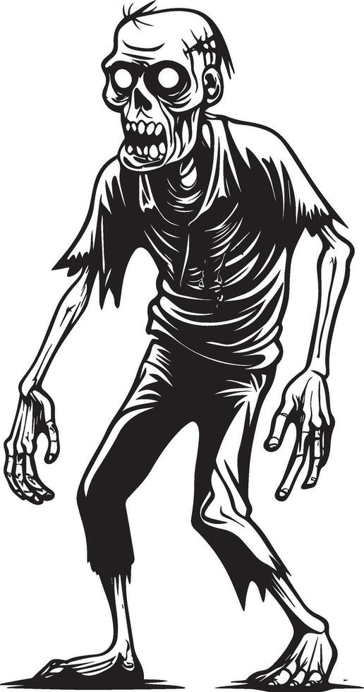 Halloween cartoon walking zombie linear black vector