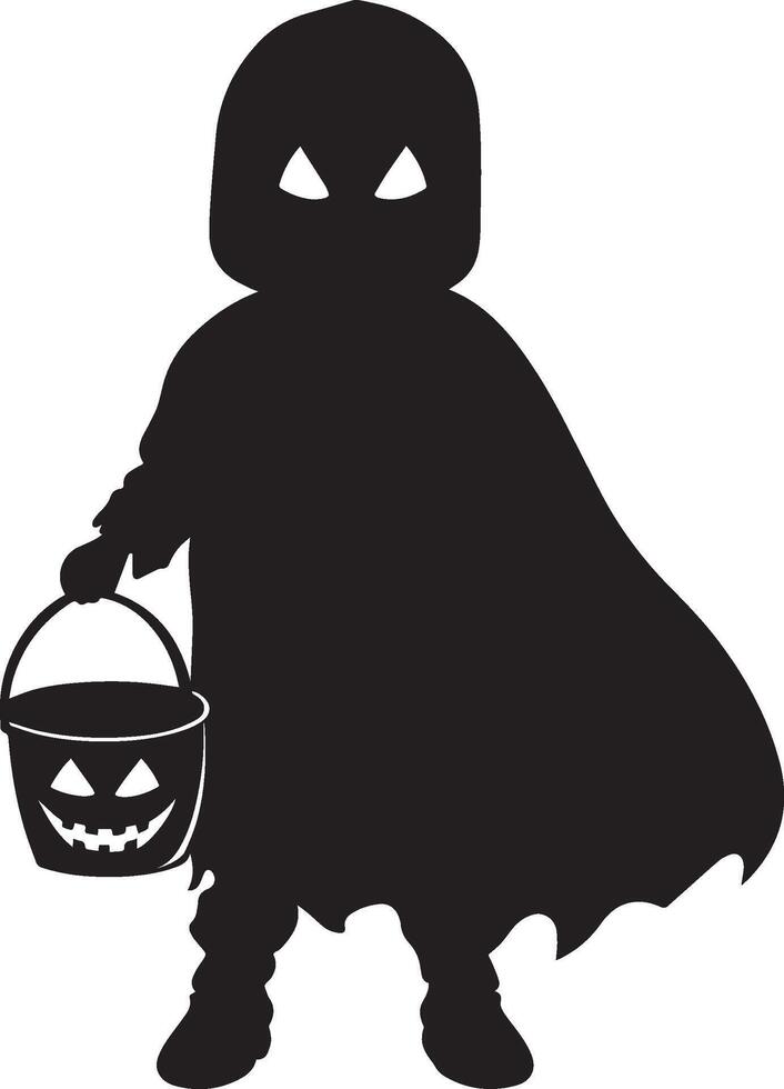 Little kid wearing Cloaks and cape costume holding jack o lantern bucket silhouette black vector