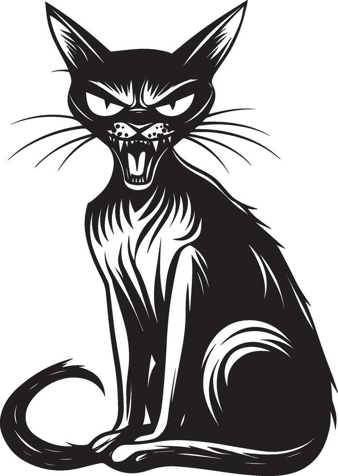 hissing frightened cat, halloween linear black vector