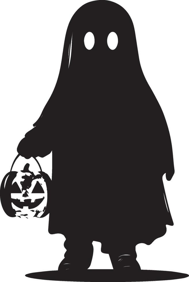 Little kid wearing Ghost sheet costume holding jack o lantern silhouette black vector
