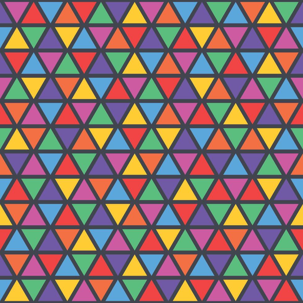 Seamless pattern of colorful triangular geometric shapes scattered on a dark background vector