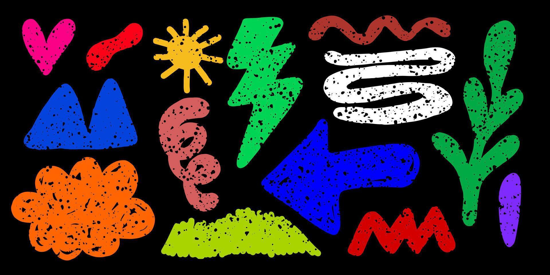 Big set colorful childish crayon drawn doodle. Kids pencil drawings, squiggles in childish grunge style, Template freehand cute kid scribbles. vector