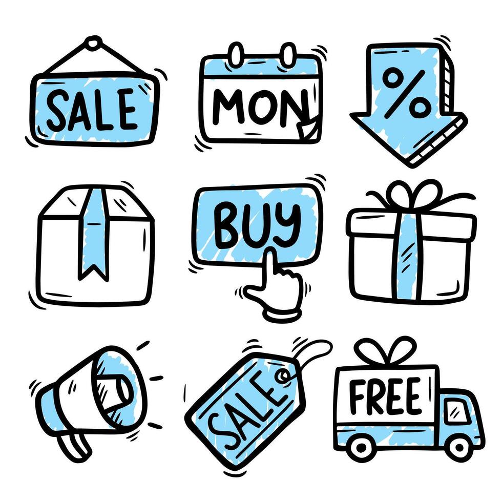 Cyber Monday sale doodle icon set. Simple line art discount illustrations, perfect for banners, ads, flyers, and promotional designs. vector