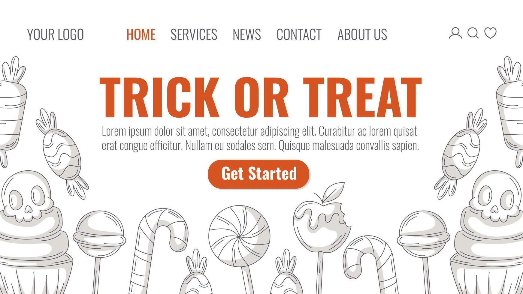 Halloween minimalist landing page template. Holiday flat illustration, bottom frame with sweets icons from lollipop, candy cane, cupcake with skull. For website, web page, online, banner, party vector