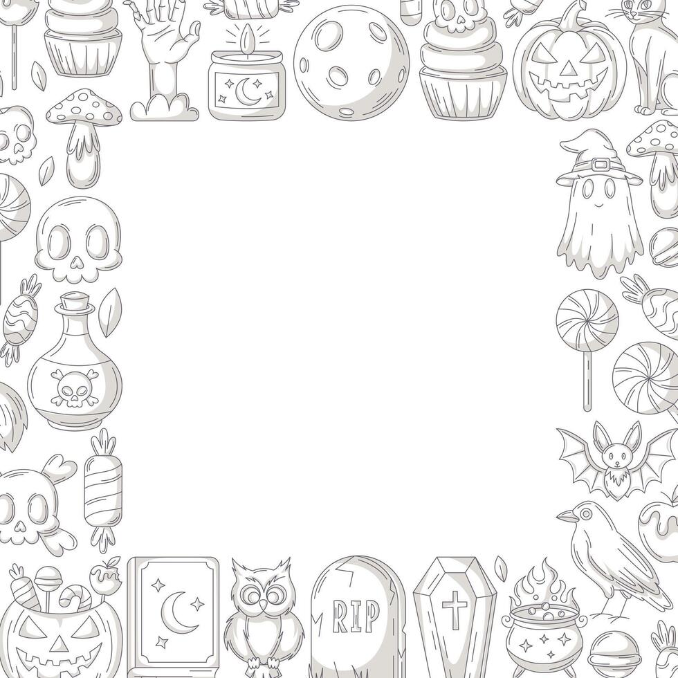 Halloween minimalist square poster, space for text in the middle. Frame with spooky gray icons from pumpkin, ghost, skull, bones. For card, banner, invitation, social media, party or note vector