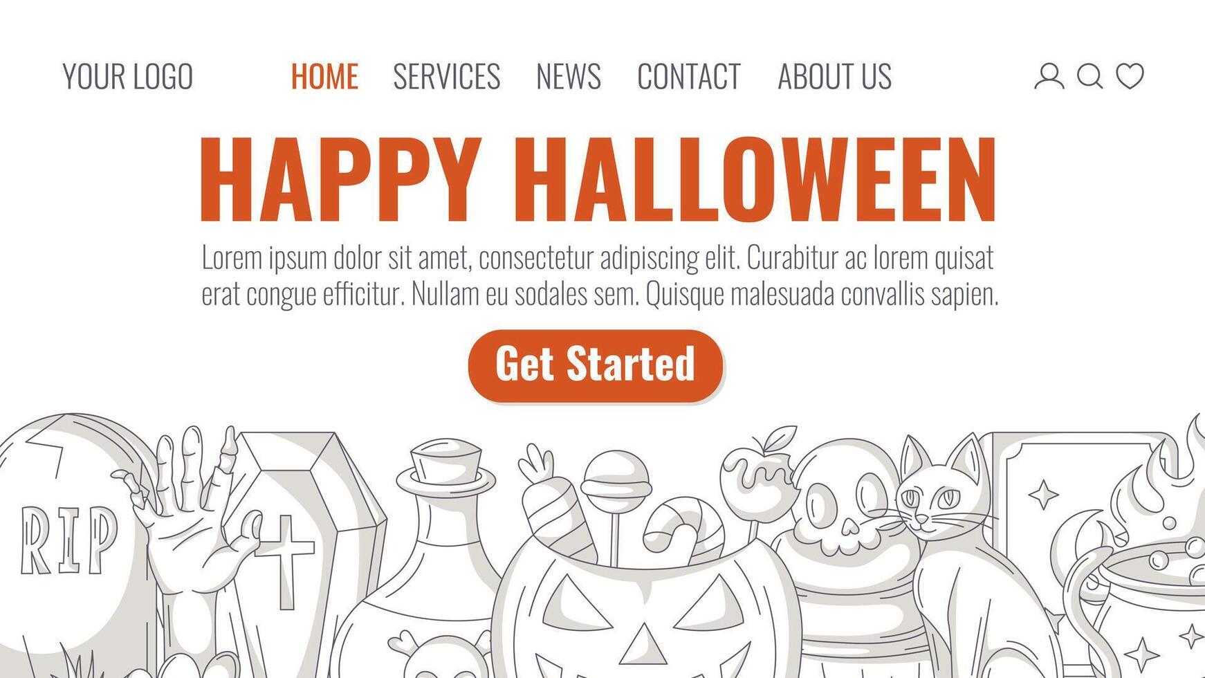 Halloween minimalist landing page template. Holiday flat bottom frame, scary, spooky icons. Tombstone, coffin, zombie hand, pumpkin, sweets, cat. For website, web page, online, banner, party. vector