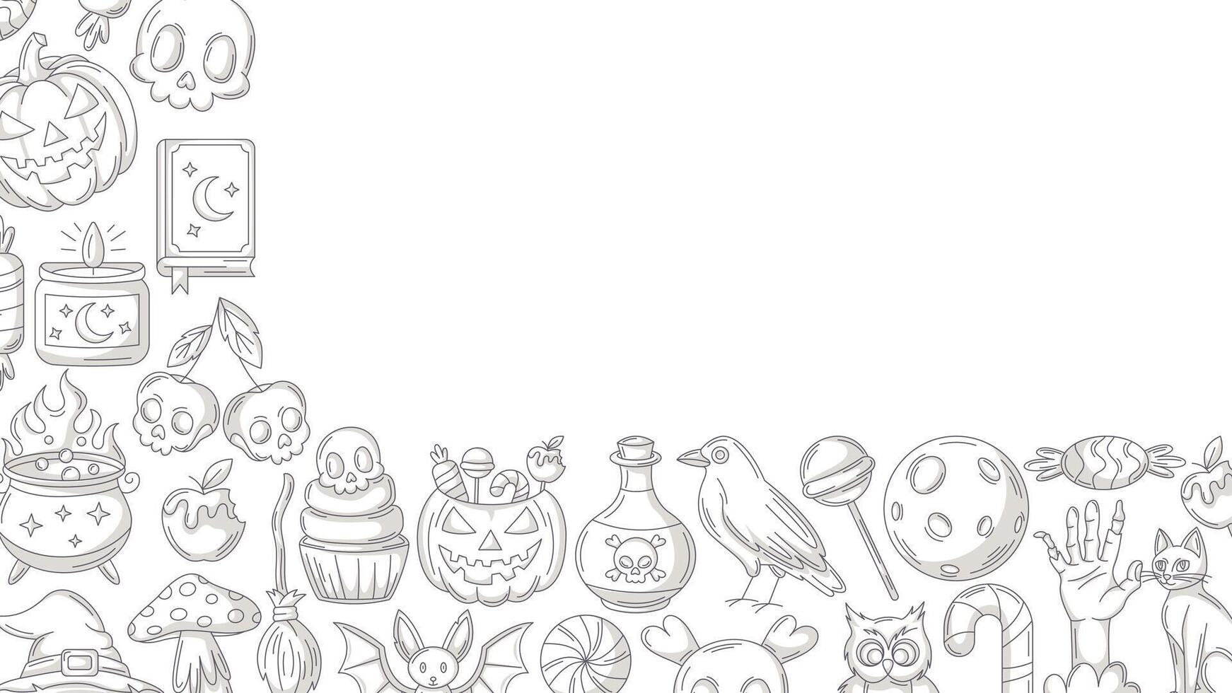 Halloween minimalist banner, horizontal background with spooky, scary icons. Flat illustration, monochrome gray corner border frame, space for text. For festival, party, invitation, poster vector