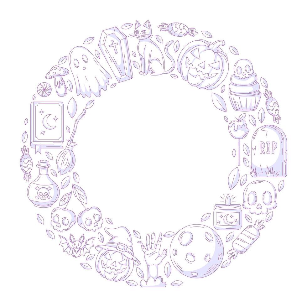 Halloween minimalist design, round frame with space for text in the middle. Geometric shape with spooky icons. Flat illustration for greeting card, invitation, print, social media, poster vector