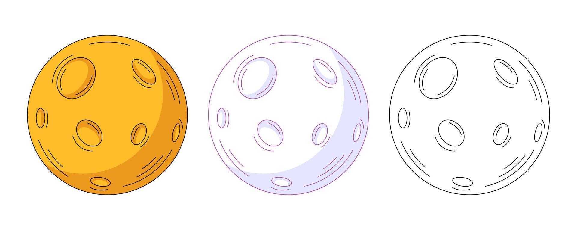 Yellow full moon, colorful and line icons set, white isolated background. flat icon, monochrome purple, color, outline illustration. For logo, sticker, coloring book, label vector