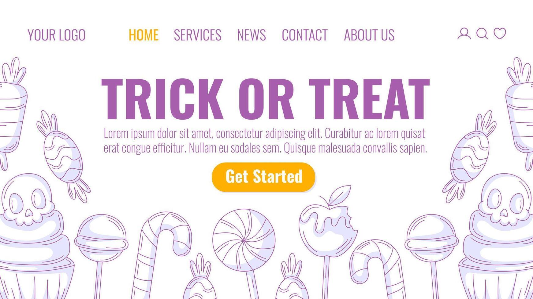 Halloween minimalist landing page template. Holiday flat illustration, bottom frame with sweets purple icons from lollipop, candy cane, cupcake with skull. For website, web page, online, banner vector