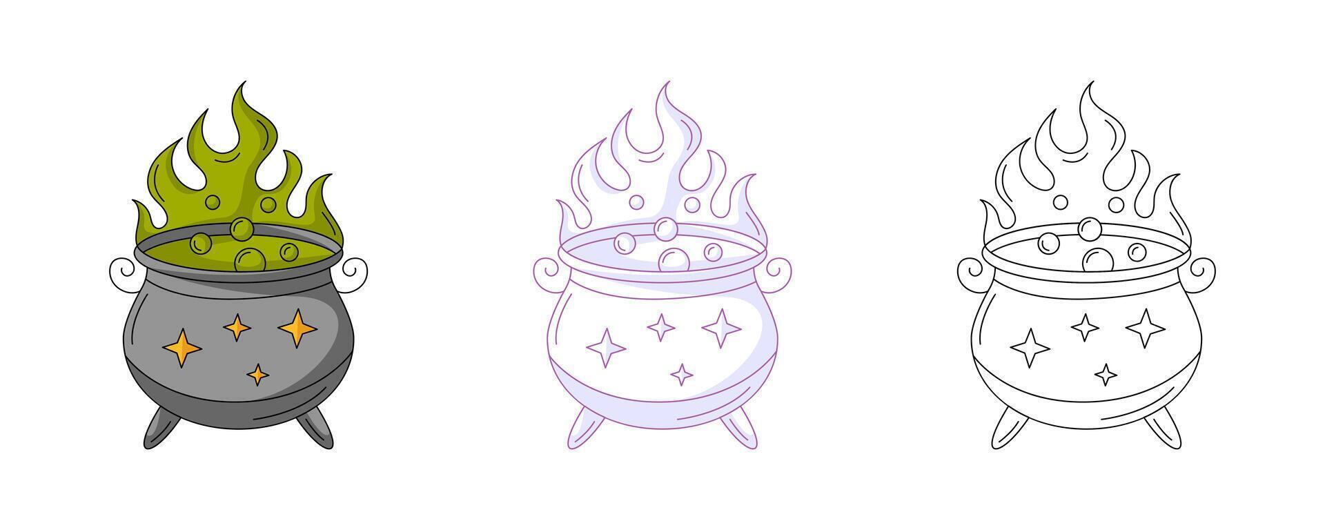 Cauldron with magic potion, colorful and line icons set. Traditional halloween symbol. flat icon, monochrome purple, color, outline illustration. For logo, sticker, coloring book, label, print vector