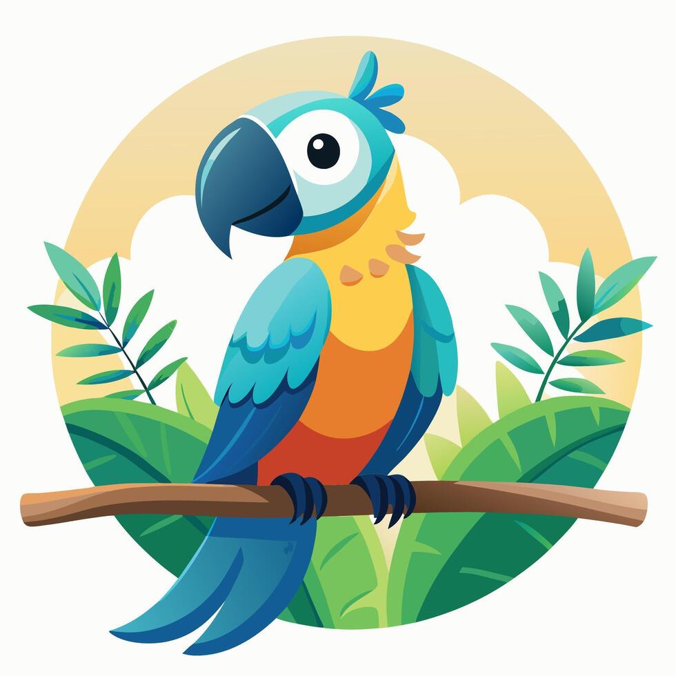 A cartoon parrot sitting on a branch with leaves vector