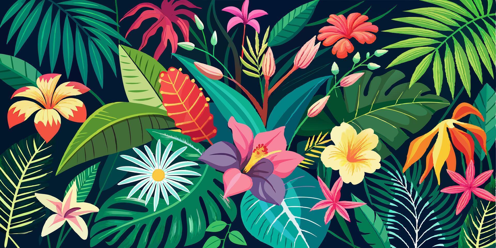 Tropical flowers and leaves on a dark background vector