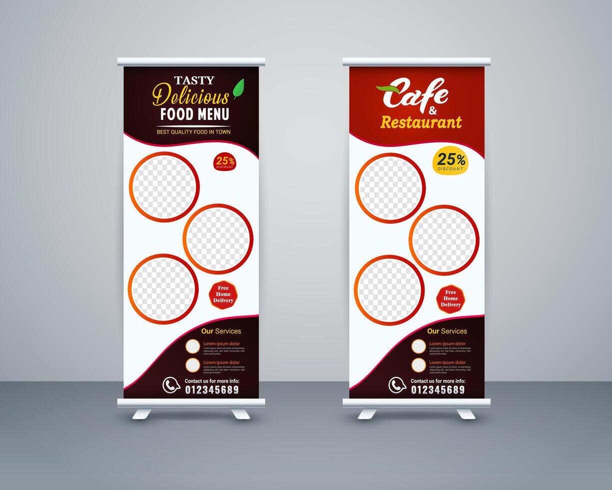 Food roll up banner design for restaurant, template modern standee banner design. vector