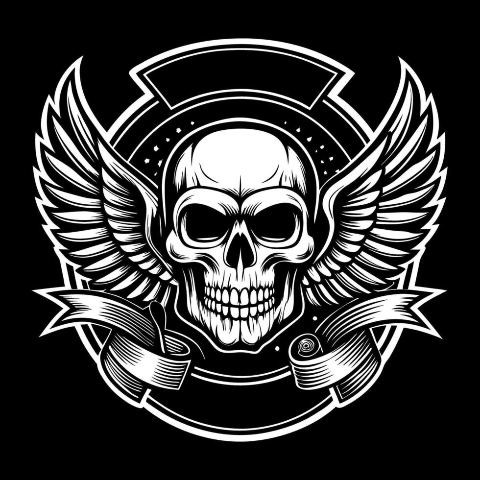 Skull with wings and ribbon on black background vector