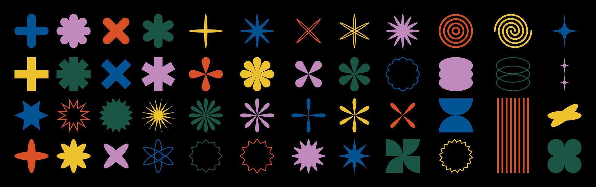 Set of colorful abstract geometric shape and icon isolated on black background. Aesthetic design elements. Bauhaus memphis design. illustration vector