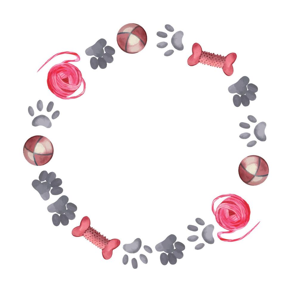 Round watercolor composition. Toys for pets, rubber bones, balls, footprints and paw prints of dogs and cats, a ball of yarn for cats to play with. Suitable for printing on fabric, paper vector