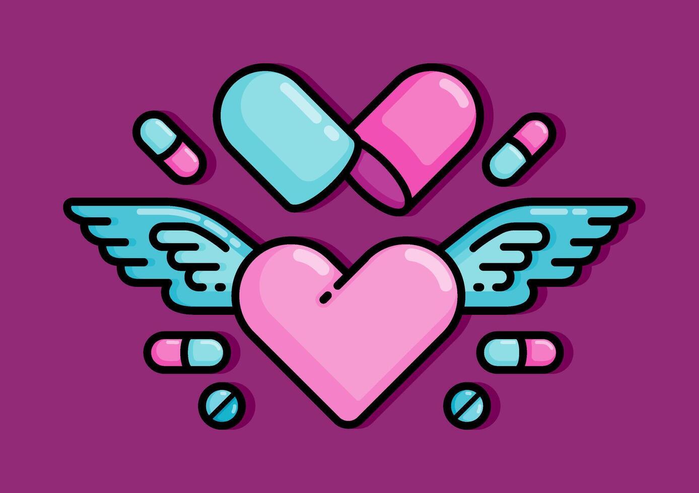 cartoon line style illustration of heart that blooms and flies with wings is a healing pills. Clip art can be used for t shirt, clothing, print, banner, invitation, party card, sticker, pillow vector