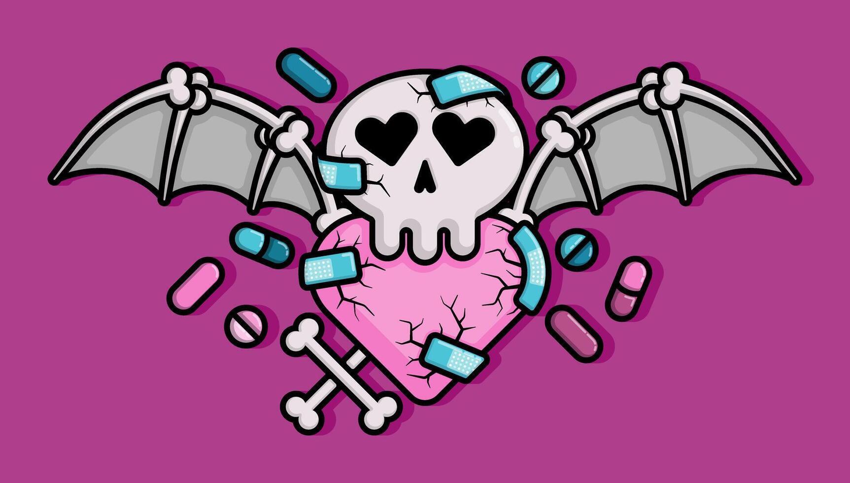 cartoon line style illustration of cracked heart patched with bandages and a bat winged skull covered in drugs are symbols of addictive toxic love. Clip art can be used for t shirt, clothing, print vector