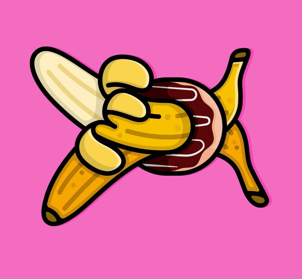 cartoon line style illustration of two bananas one peeled and one not stuck in chocolate glaze donut hole. Clip art can be used for t shirt, clothing, print, banner, invitation, party card, sticker vector