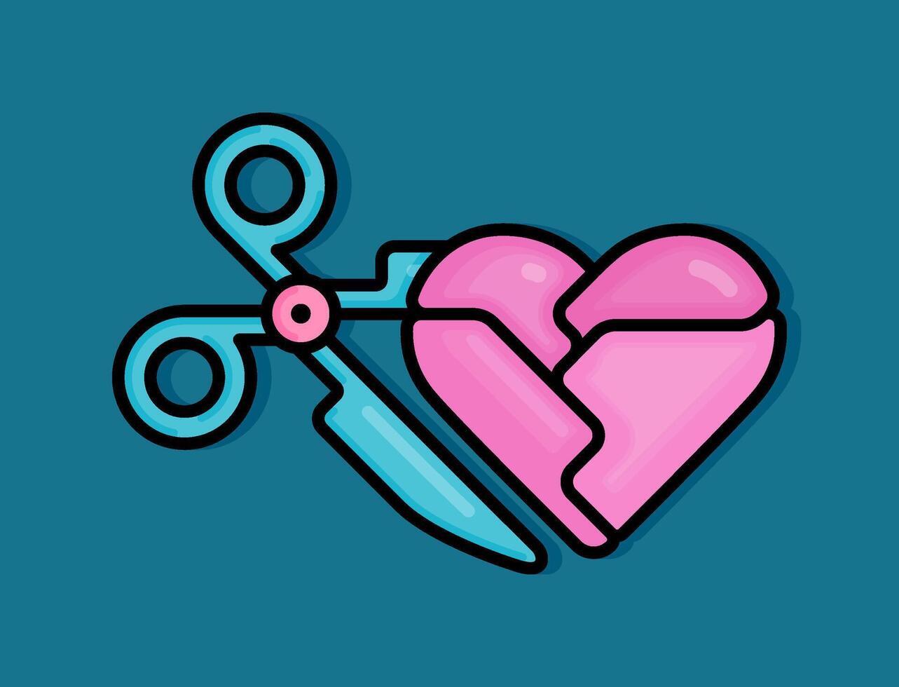 cartoon line style illustration of broken heart cut into pieces with scissors metaphorically for heartbreak, divorce and toxic relationships. Clip art can be used for t shirt, clothing, print, sticker vector