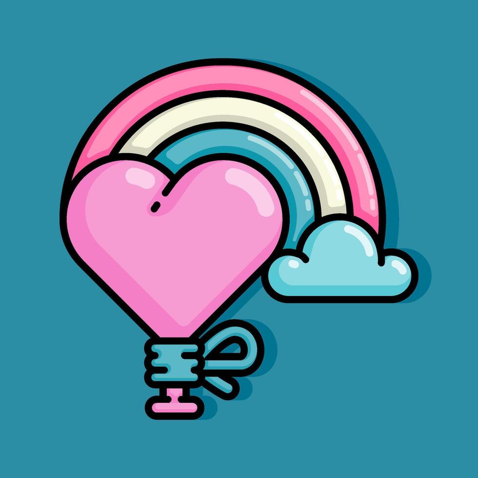 cartoon line style illustration of flying balloons decorated with rainbows coming out of the clouds symbolize a colorful relationship. Clip art can be used for t shirt, clothing, print, banner, card vector