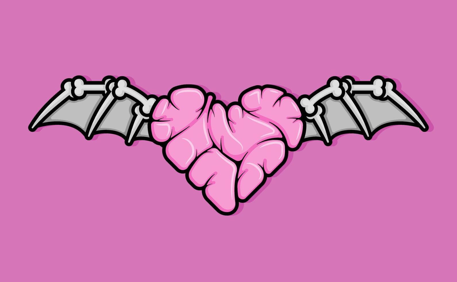 cartoon line style illustration of wrinkled heart shaped like a brain with bat wings for mind draining love. Clip art can be used for t shirt, clothing, print, banner, invitation, party card, sticker vector