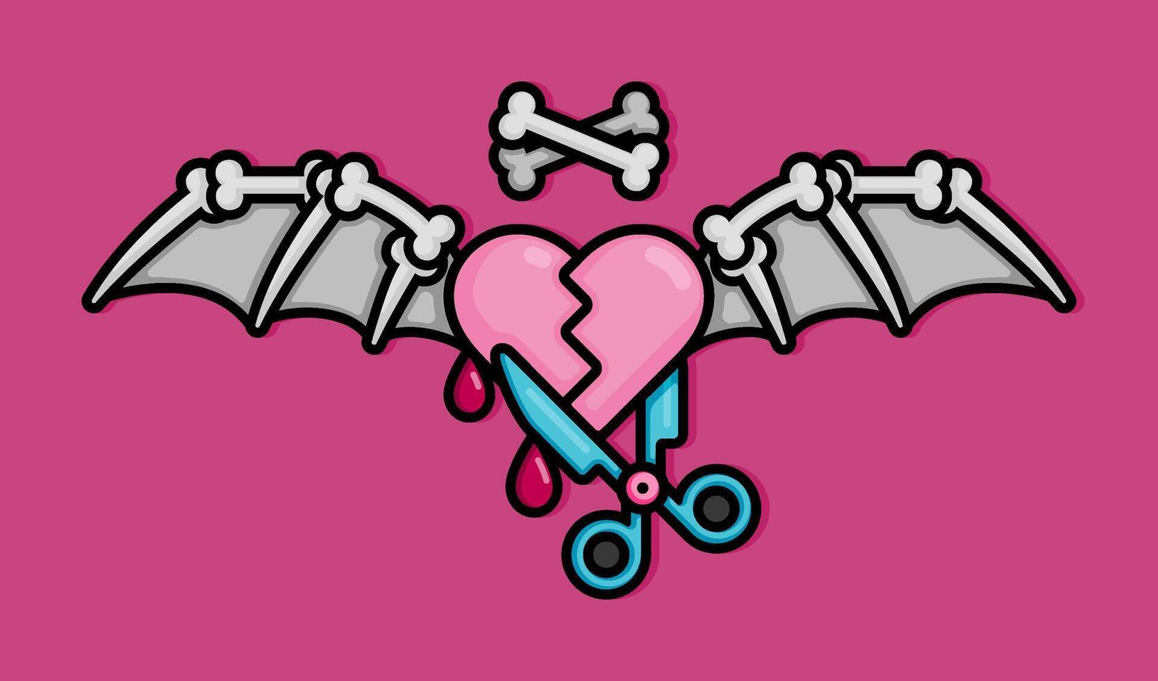 cartoon line style illustration of heart that is cut with scissors and flies with bat wings symbolizes love that ends badly or toxic. Clip art can be used for t shirt, clothing, print, banner, card vector