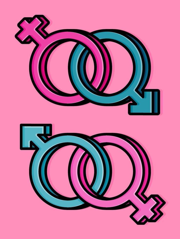 cartoon line style illustration of gender signs male and female are linked and reversed, symbolizing antipatriarchy. Clip art can be used for t shirt, clothing, print, banner, invitation, sticker vector
