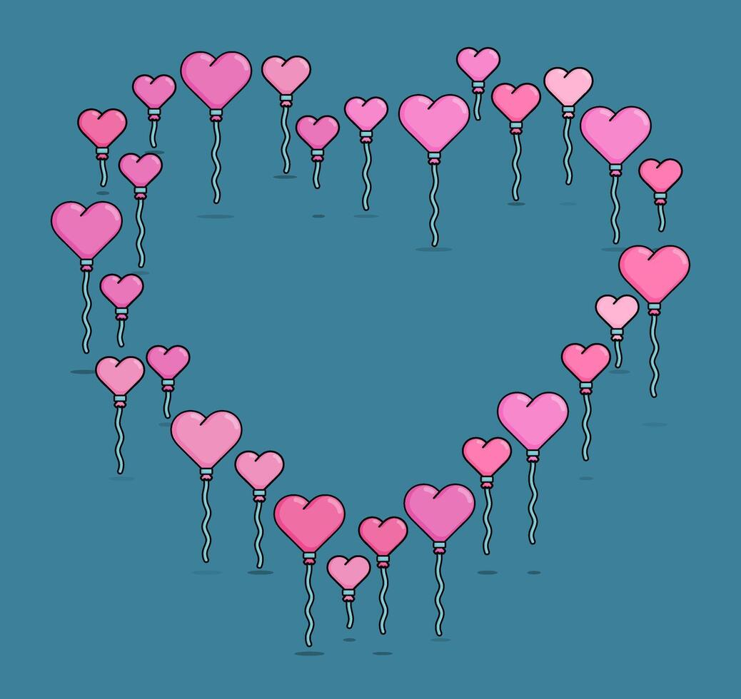 cartoon line style illustration of heart shaped balloons and forming a heart shaped formation. Clip art can be used for t shirt, clothing, print, banner, invitation, party card, sticker, pillow vector