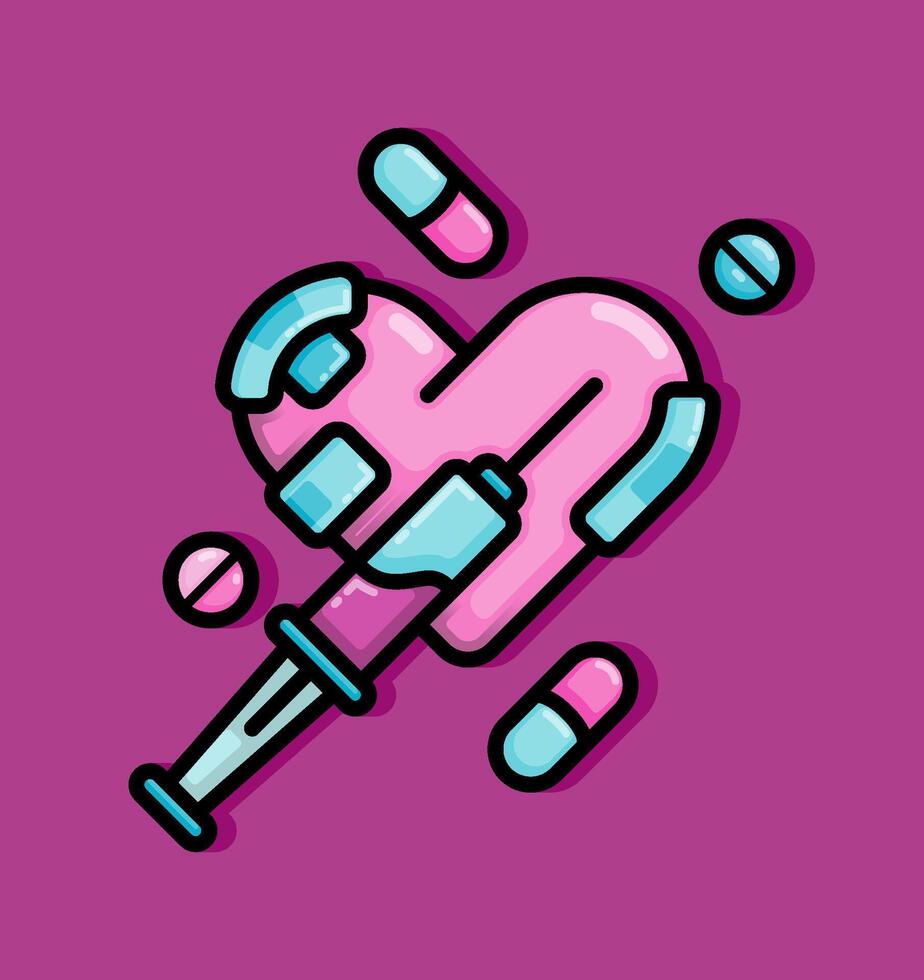 cartoon line style illustration of heart bandaged and injected is a symbol of a sick heart that is being treated. Clip art can be used for t shirt, clothing, print, banner, invitation, sticker vector