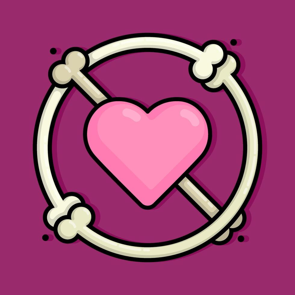 cartoon line style illustration of symbol of love crossed with bones is a warning symbol of dangerous and toxic love. Clip art can be used for t shirt, clothing, print, banner, invitation, sticker vector