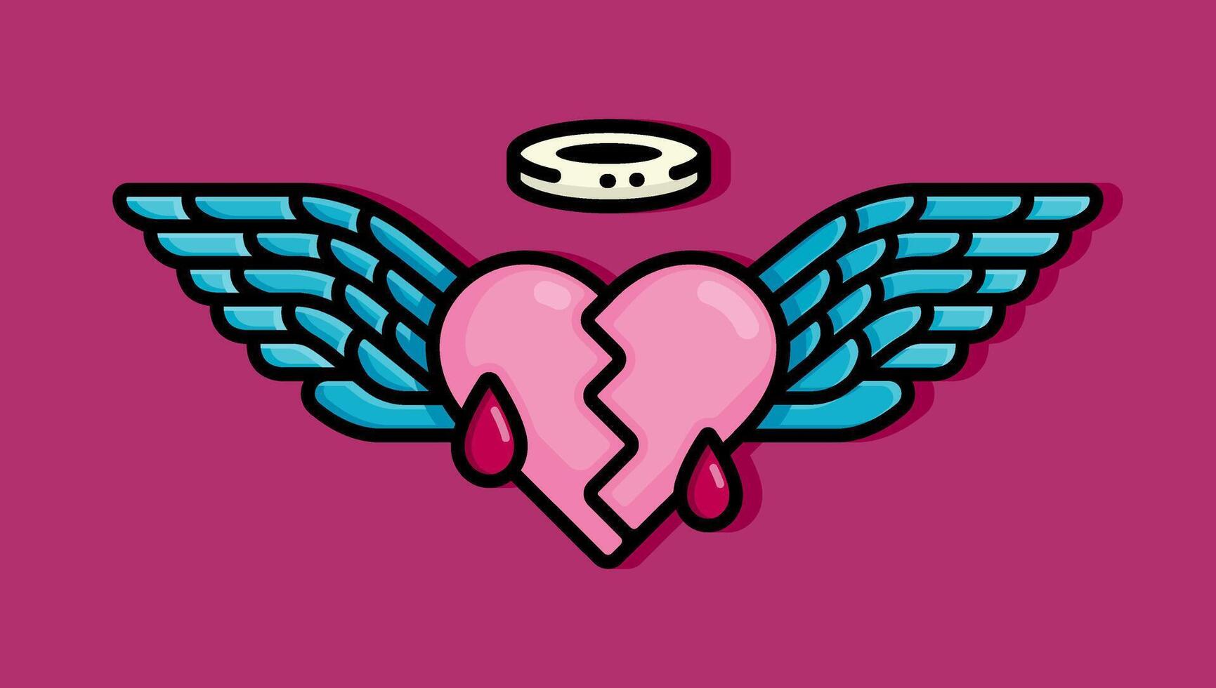cartoon line style illustration of heart of the winged angel is cracked and bleeding. Clip art can be used for t shirt, clothing, print, banner, invitation, party card, sticker, pillow vector