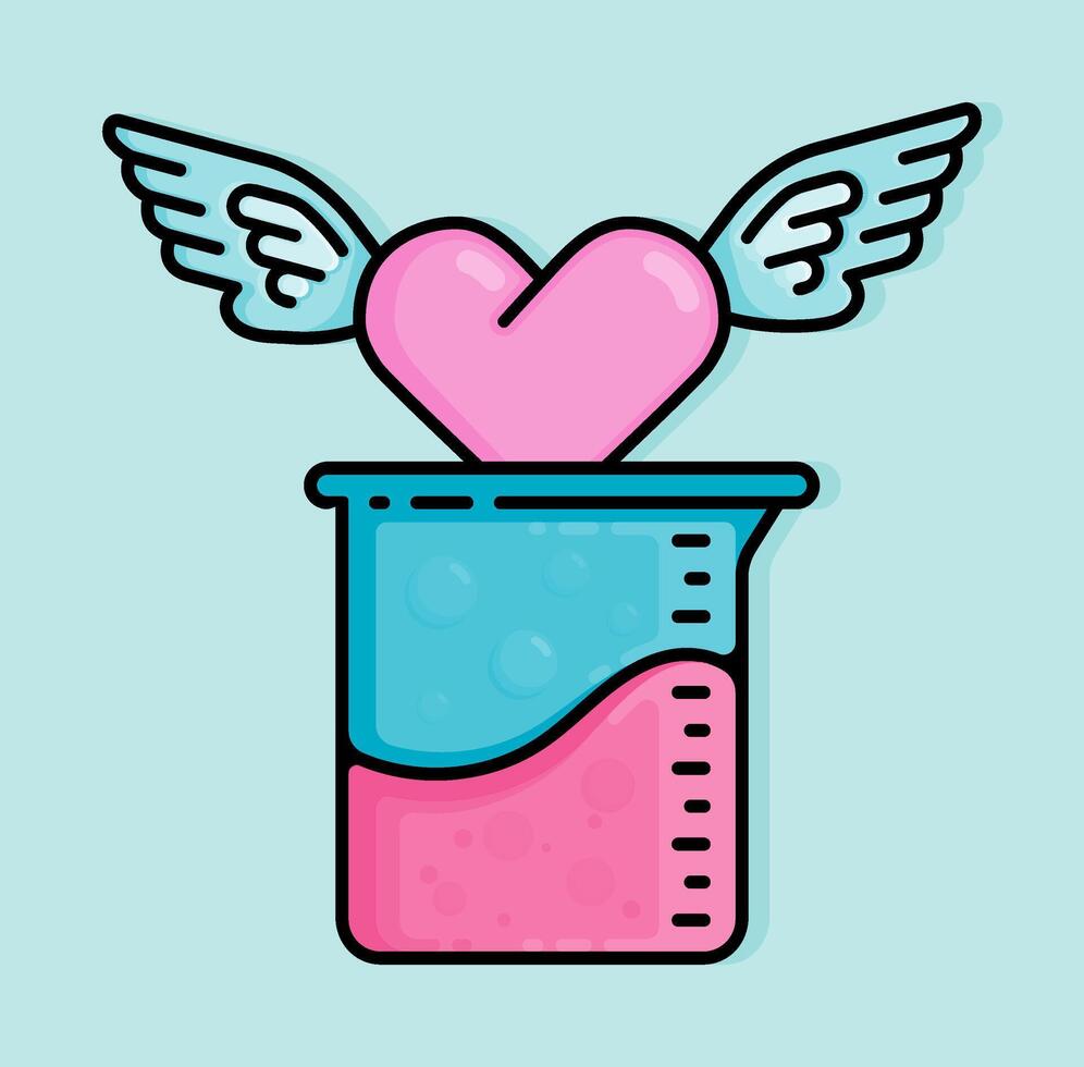 cartoon line style illustration of measuring potions in a lab flask to create flying and happy love. Clip art can be used for t shirt, clothing, print, banner, invitation, party card, sticker, pillow vector