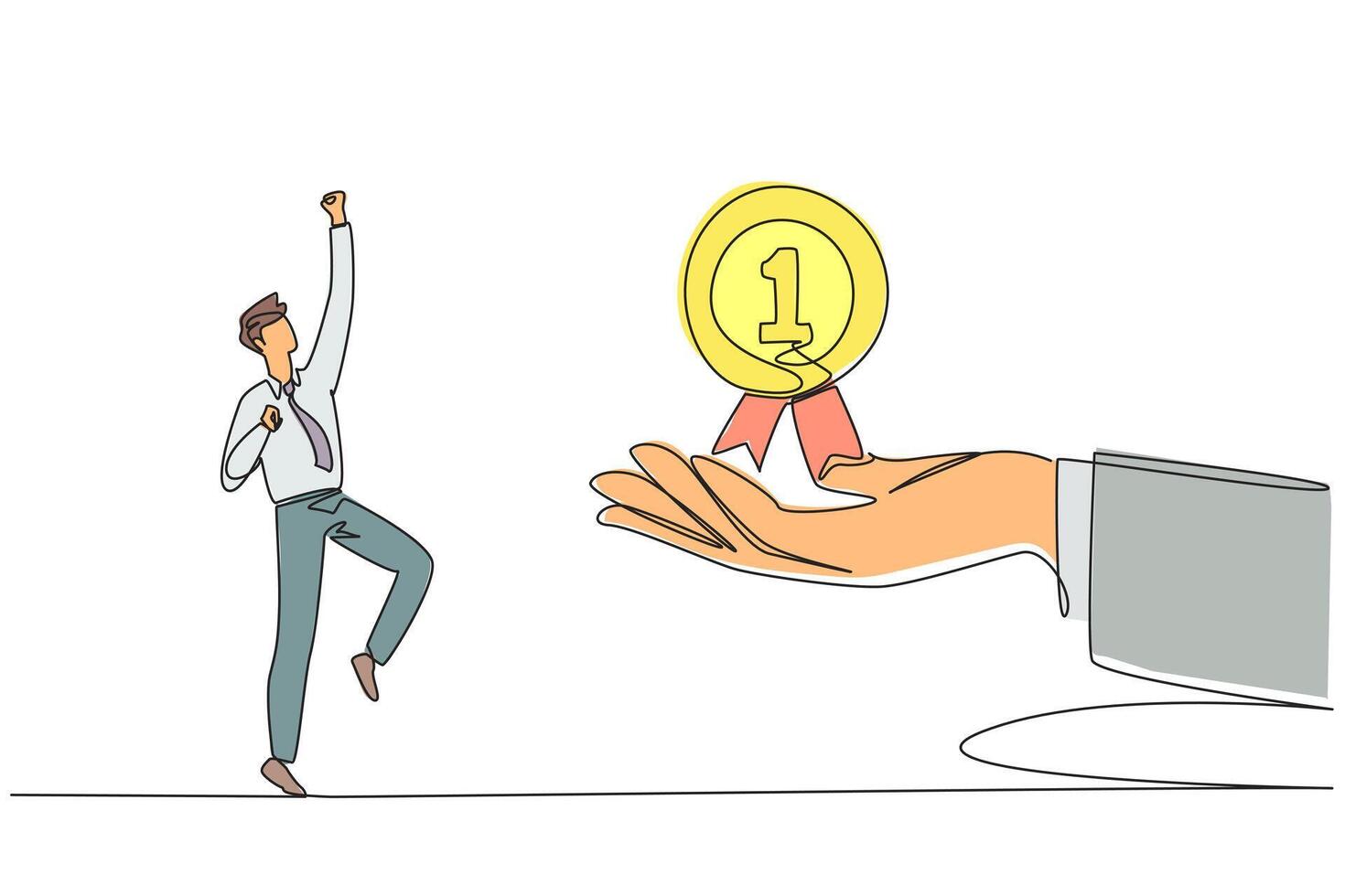 Single continuous line drawing businessman was happy to get a reward medal from giant hand. Recognition from various parties for extraordinarily brilliant business. One line design illustration vector