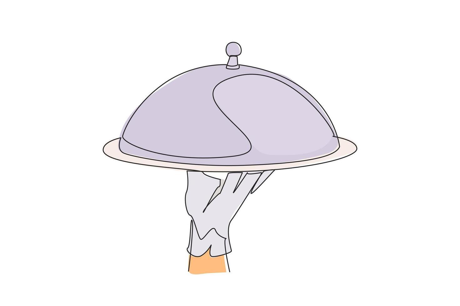 Continuous one line drawing the waiter holds a food tray covered by a tray lid. Service in a restaurant. Keep food clean and hygienic. Standard serving. Single line draw design illustration vector