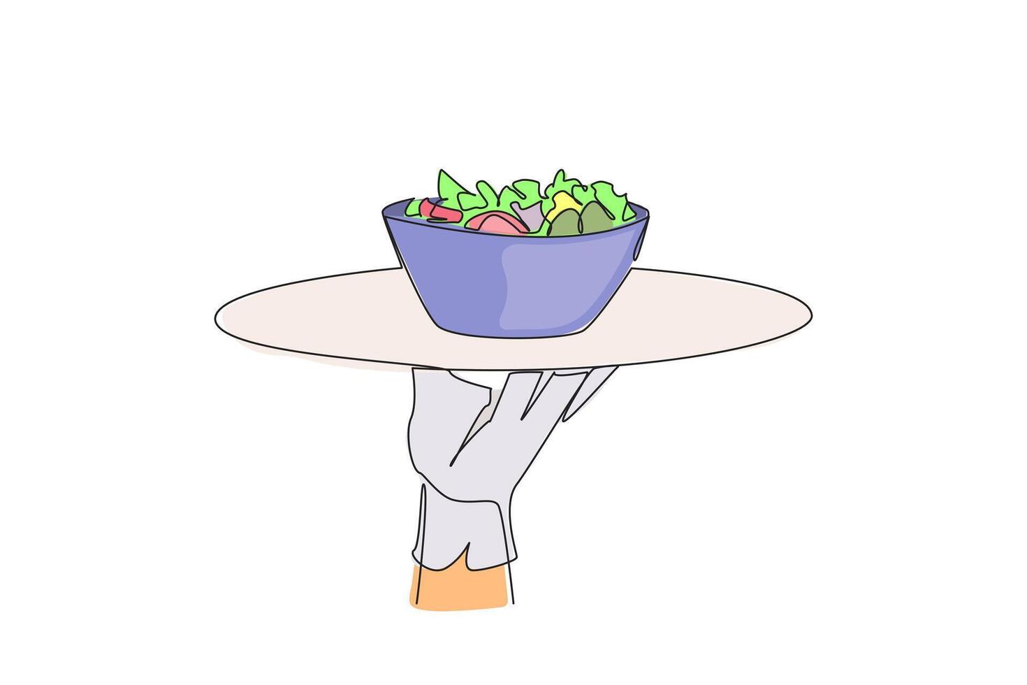 Single continuous line drawing the waiter holds a food tray serving salad. Greek salad. Fresh fruit slices. Served on a bowl. Served cold is more delicious. Tasty. One line design illustration vector
