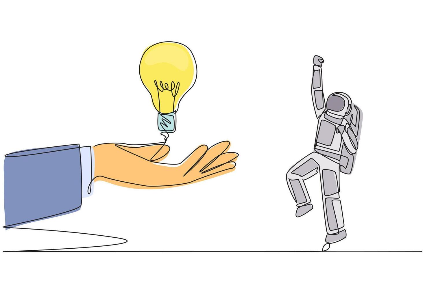Single continuous line drawing astronaut is excited to get lightbulb from a giant hand. The need for innovation. Space mission research. Cosmonaut outer space. One line design illustration vector
