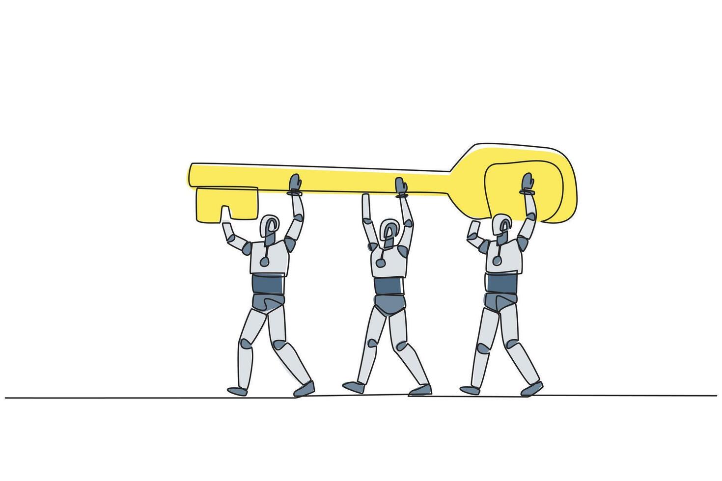 Continuous one line drawing group of robots work together carrying the key. Artificial intelligence is able to find out the password to open access. Tech. Single line draw design illustration vector
