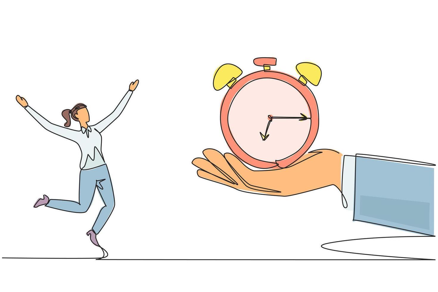 Single one line drawing businesswoman was excited to get alarm clock from a giant hand. Additional time to complete daily reports. Must always make profit. Continuous line design graphic illustration vector