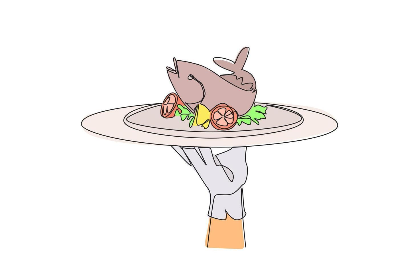 Continuous one line drawing the waiter holds a food tray serving baked fish. Served with lemon and various spices. Contains good fats. Can help lose weight. Single line draw design illustration vector